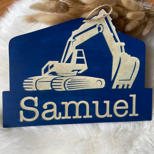 Navneskilt med gravemaskindesign