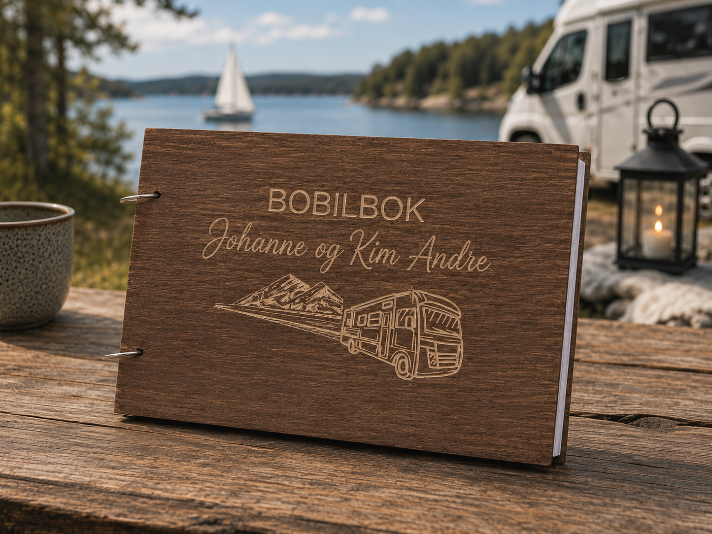 Brun bobilbok med gravert navn og bobilmotiv på forsiden, lukket med metallringer
