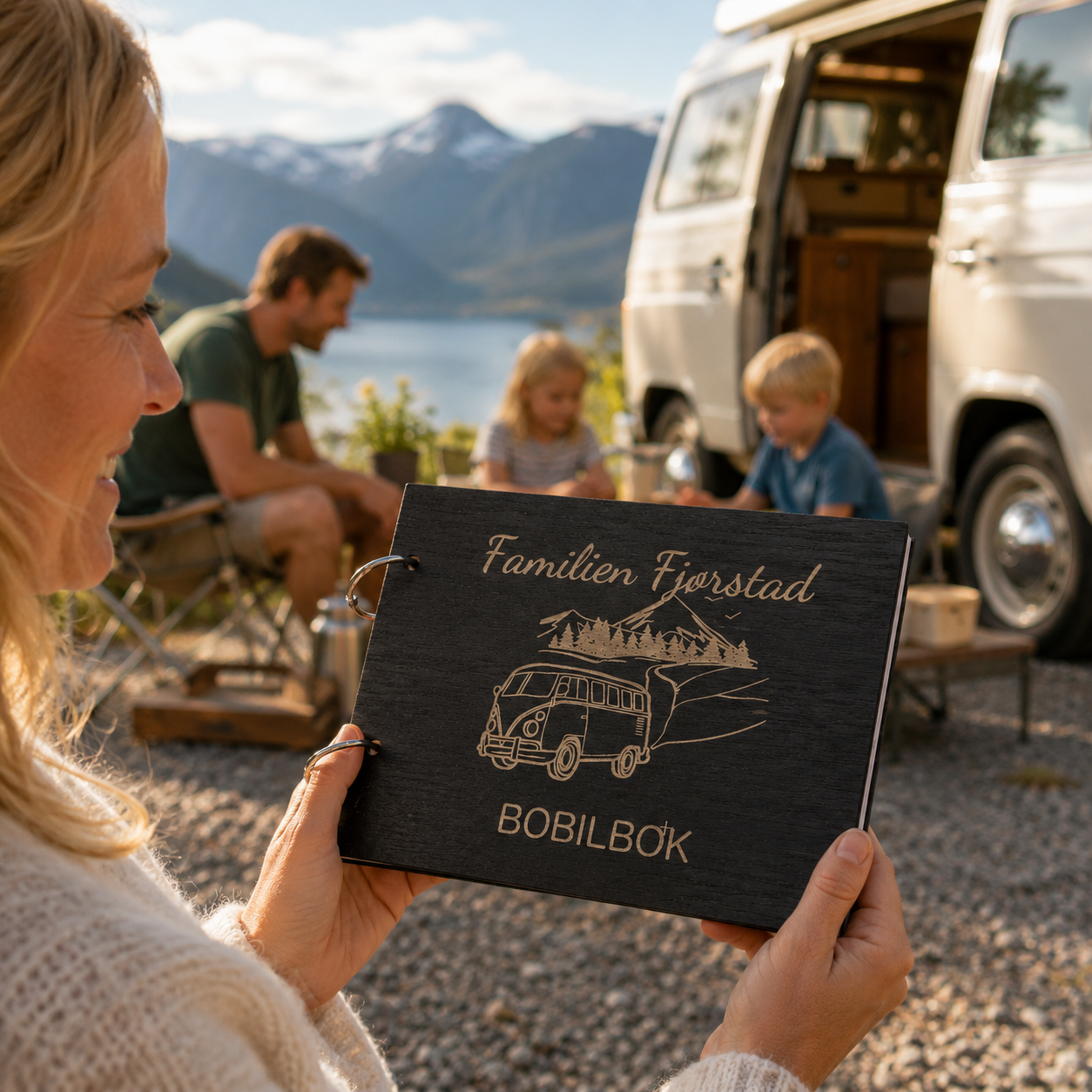 Personlig bobilbok med navn i svart tre og gravert fjell- og veimotiv