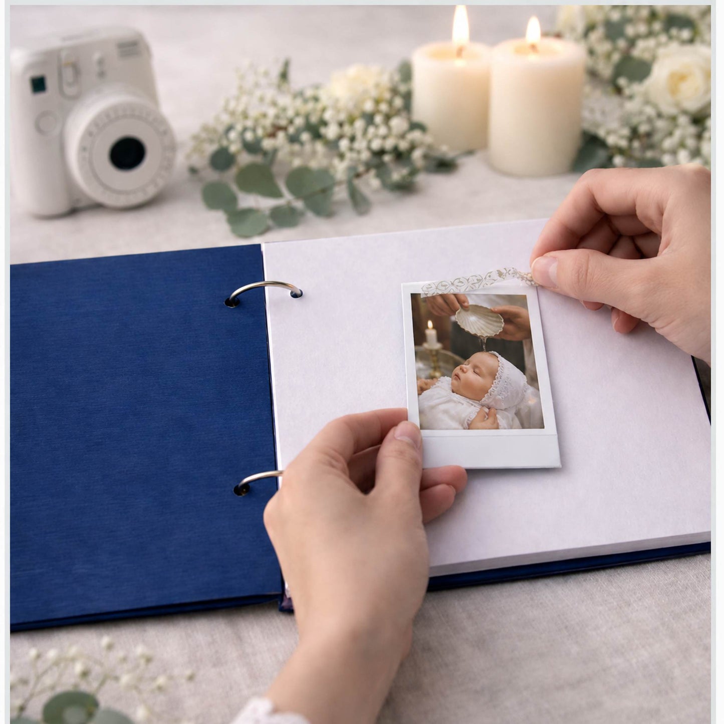 Blå personlig gjestebok til dåp med Instax-bilde av barn og hvite sider