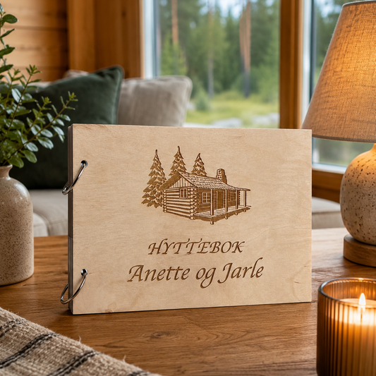 Personlig hyttebok i lyst tre med klassisk gravert hyttemotiv på lukket omslag