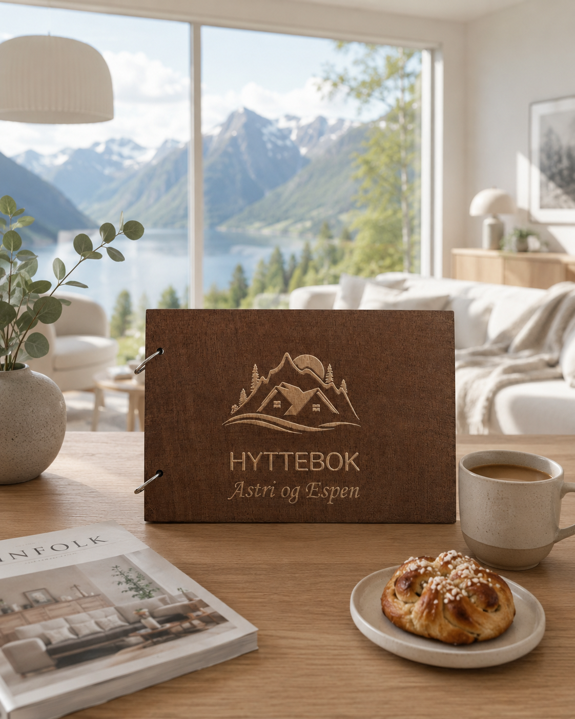 Personlig hyttebok med hyttenavn og gravert fjellmotiv
