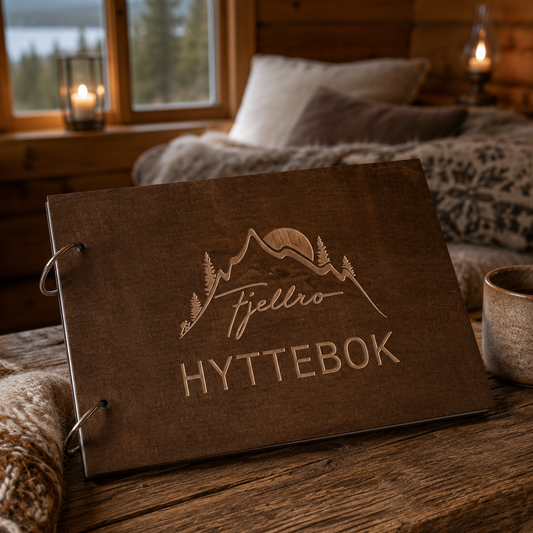 Hyttebok med logo på treomslag, plassert i enkel hyttepreget bordsetting med små detaljer