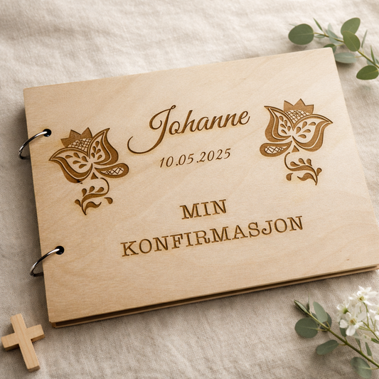 Personlig gjestebok til konfirmasjon inspirert av mønster etter Sunnmørsbunad.