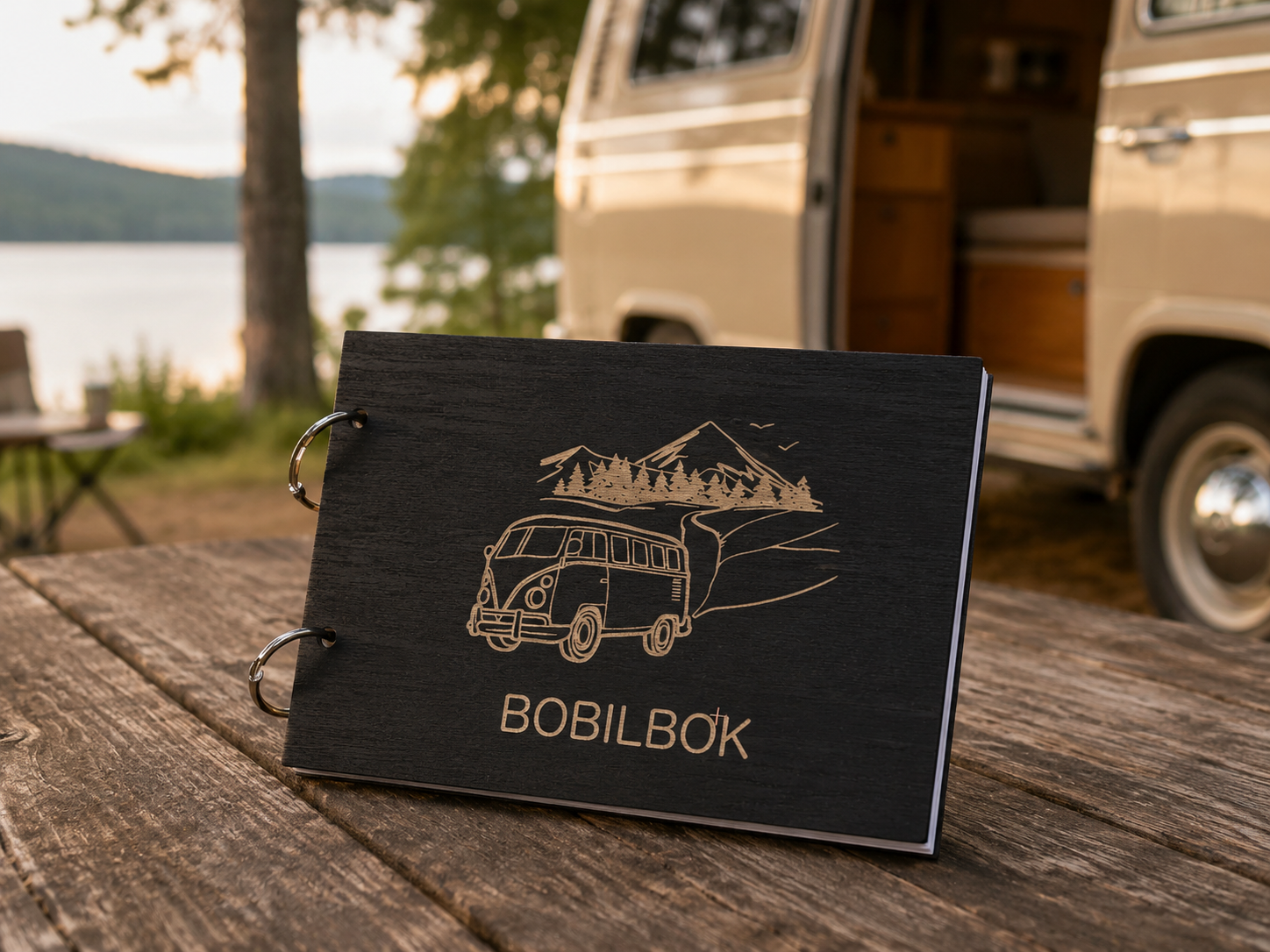 Reisebok til bobil i svart tre med gravert fjell- og veimotiv
