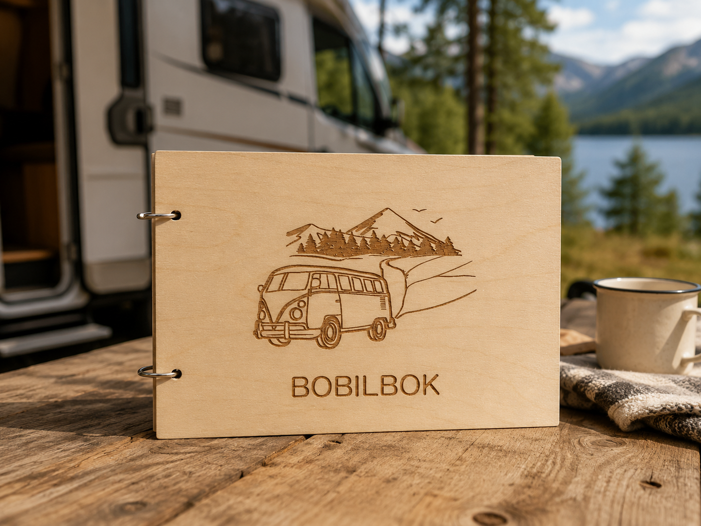 Reisebok til bobil i trefarget tre med gravert fjell- og veimotiv