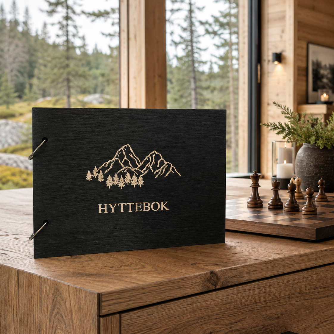 Svart hyttebok med lys gravering av skogmotiv og fjell på lukket forside i treverk