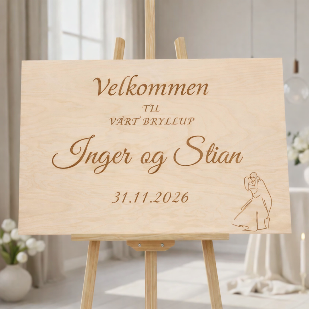 Rustikk bryllupsdekorasjon med navn og dato gravert i tre.
